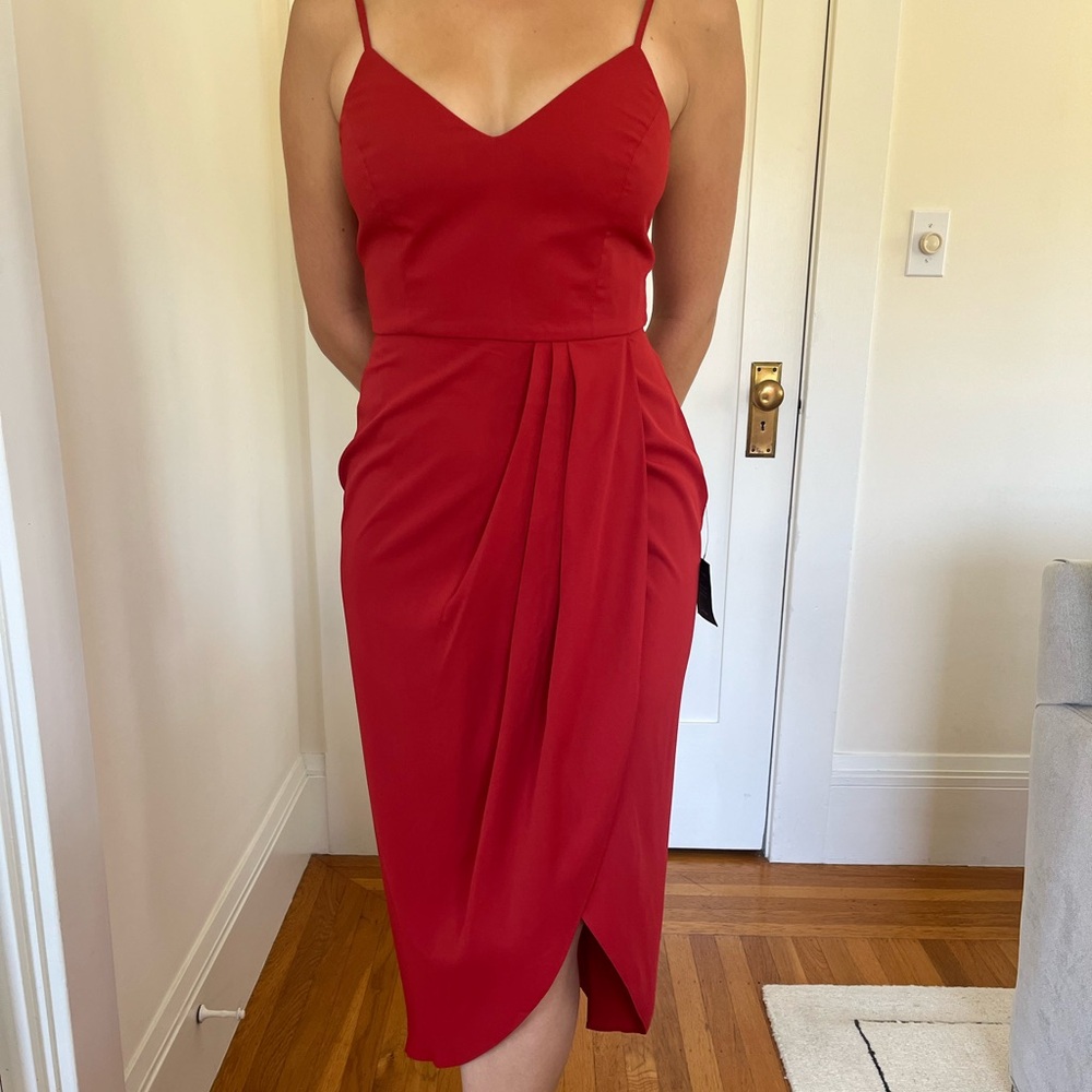 Lulu's Red Asymmetrical Wrap Midi Dress